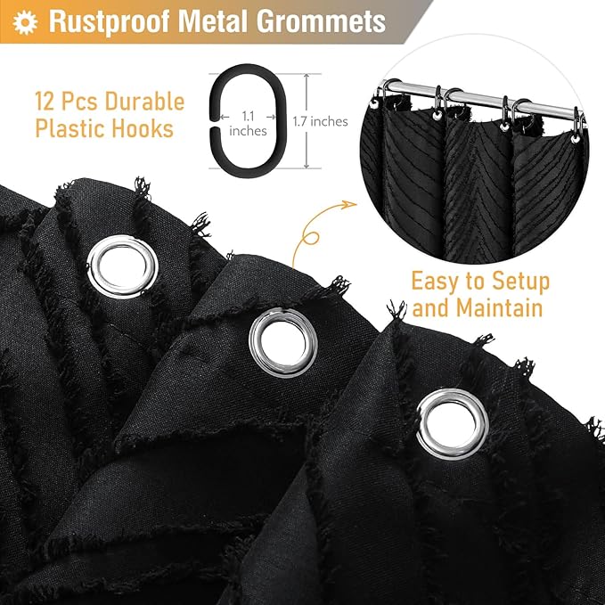 BTTN Black Boho Farmhouse Shower Curtain, Tufted Leaves Textured Striped Fabric Shower Curtain Set with Tassels, Water Repellent, Modern Minimalist Shabby Chic Shower Curtains for Bathroom, 72 x 72