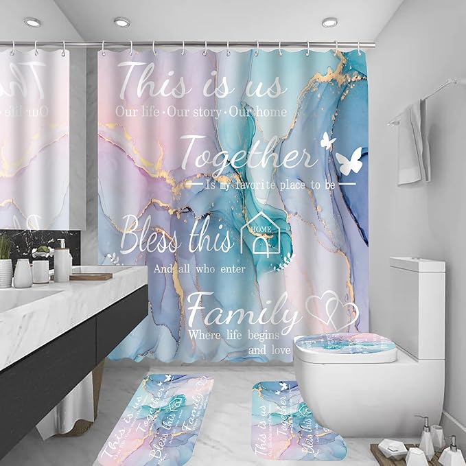 juwute 4Pcs Family Marble Shower Curtain Sets with Rugs,Pink Blue Home Inspirational Bathroom Decor Set, Bathroom Sets with Shower Curtain and Rugs, Waterproof Bathroom Shower Curtains, with 12 Hooks