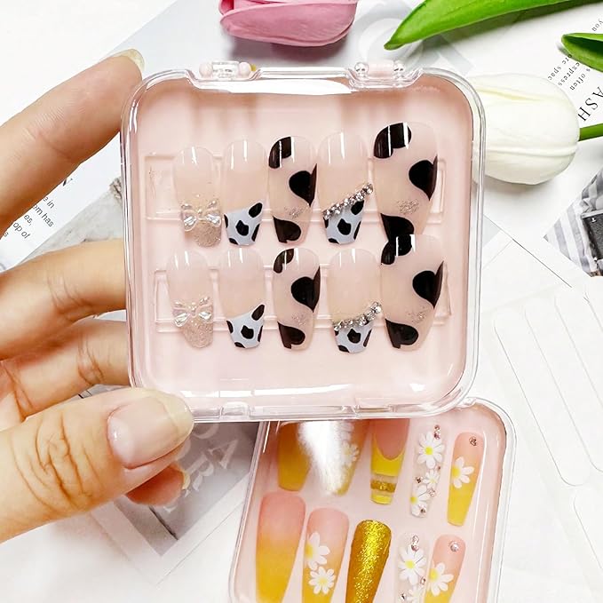 12pcs Press on Nail Storage Box with 60 Pcs Adhesive Tape Acrylic Nail Display Box Artificial False Nail Box Organizer Fake Nail Case Transparent Nail Packaging Boxes (12pcs Pink Nail Box)