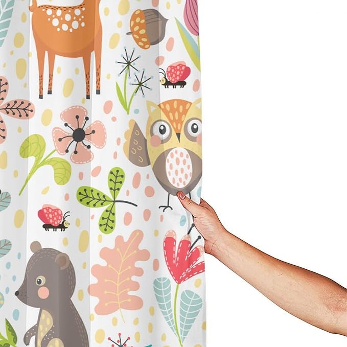 Kids Baby Woodland Shower Curtain Animals Cartoon Girls Children's Cute Cartoon Funny Colorful Weeds Plants Fox Waterproof Fabric Bathroom Decor 66x72 Inches(168x183cm), Style-13