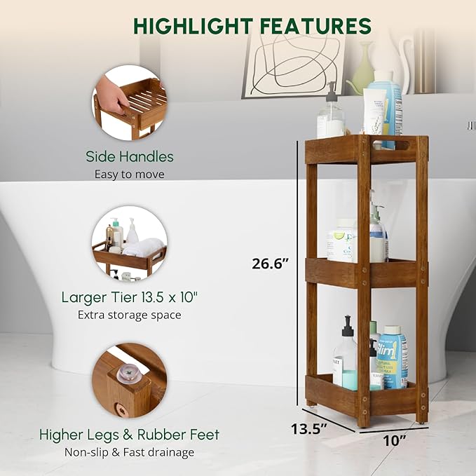 BEEFURNI Acacia Wood Shower Caddy, 3 Tier Shower Organizer, Sturdy Corner Shower Caddy, Wooden Bathroom Shelves Freestanding, Bathroom Standing Shelf (3T)