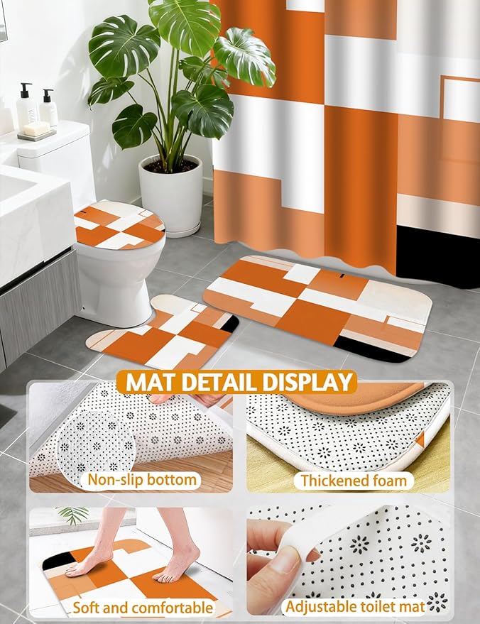 Lnond Orange Bathroom Set, 22-Piece Orange Abstract Bathroom Decor Set with with Shower Curtain and Rugs, Trash Can, Toilet Brush Holder Set & Soap Dispenser