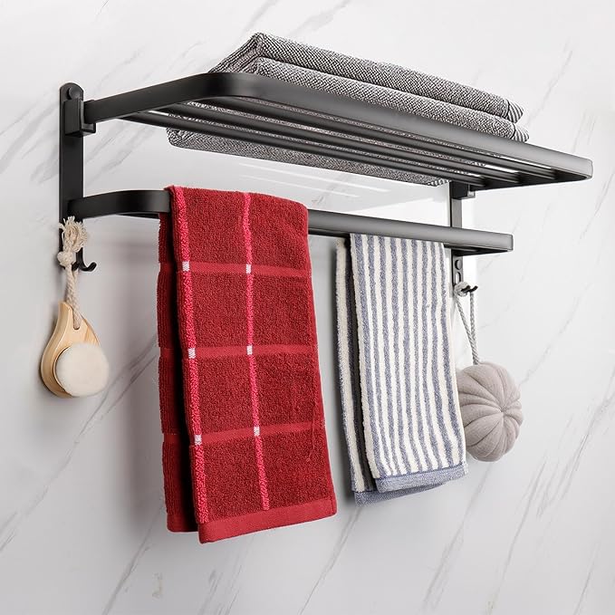 TocTen Towel Rack for Bathroom, Foldable Towel Holder with Double Towel Bars, Wall Mounted Premium Aluminum Bathroom Tower Shelf, Space-Saving Towel Hanger for Bathroom, Lavatory (Black,24 in)