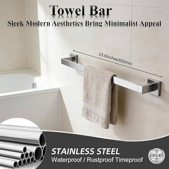 Bathroom Hardware Set 15 Piece Brush Nickel Bathroom Accessories Set SUS304 Towel Bar Set Includes 3 Towel Bar 24 Inch+3 Towel Holder+3 Toilet Paper Holder+6 Towel Hooks (15, Brushed Nickel, 24 Inch)
