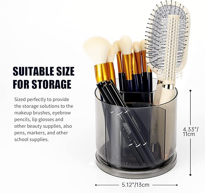 Makeup Brush Holder Organizer -Rotating 360?? Clear Storage Cup Containers for Vanity, Desk, Countertop, Spinning Pen Holder for Desk, Round Make up Brush Stand with 5 Slots, for Cosmestics (Grey)