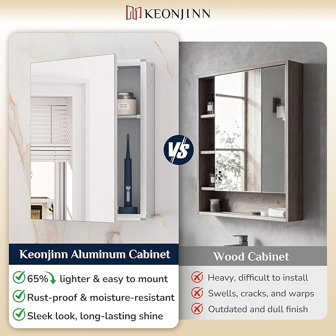 Keonjinn Medicine Cabinet 14 x 18 in, Assembly Required, Bathroom Medicine Cabinets Mirror, Lightweight, One Shelve Only, Surface Mount or Recessed, Tempered Glass
