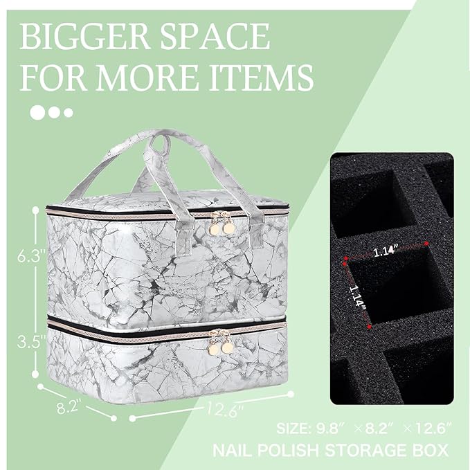 FCQQYWZ Nail Polish Organizer Hold 40+ Bottles Nail Polish & Nail Lamp, Nail Polish Storage Case Double-Layer Nail Polish Bag Nail Polish Holder with Sturdy Handle (WHITE)