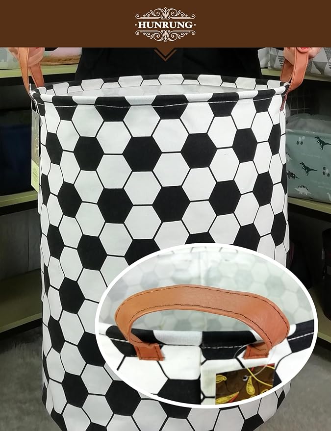 HUNRUNG Laundry Hamper,Large Canvas Fabric Lightweight Storage Basket Toy Organizer Dirty Clothes Collapsible Waterproof for College Dorms, Children Bedroom,Bathroom???Roud-Football???