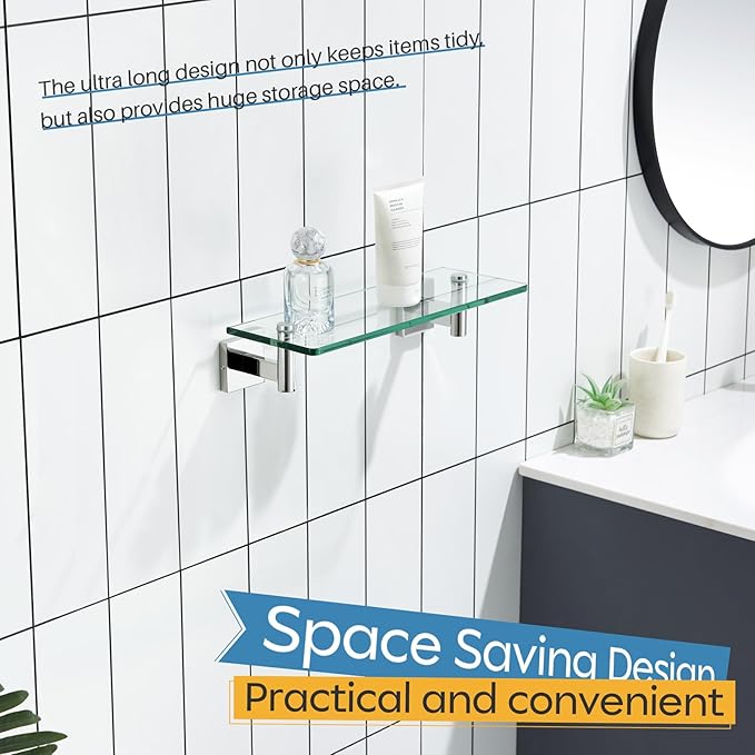 KOKOSIRI 12-Inch Bathroom Shelves Glass Floating Shelf Toilet Roll Holder Toilet Paper Holder Stainless Steel Polished Chrome B1105CH-L12+B2008CH
