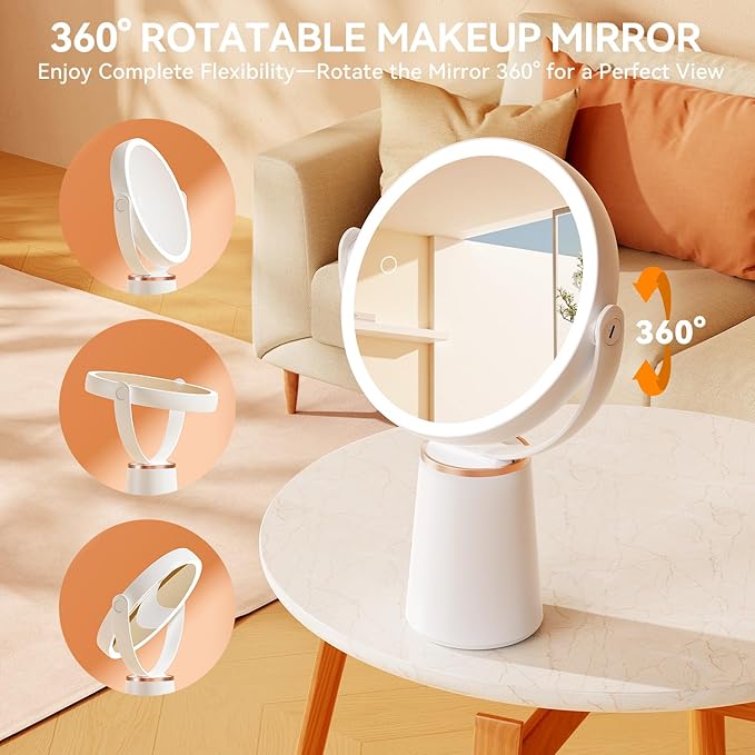 Auxmir Makeup Mirror with Lights, Double Sided 30X/1X Magnifying Mirror, 3 Color Stepless Dimmable Mirrors with Touch Screen, 2000 mAh Rechargeable 360° Free Standing Vanity Mirrors for Women
