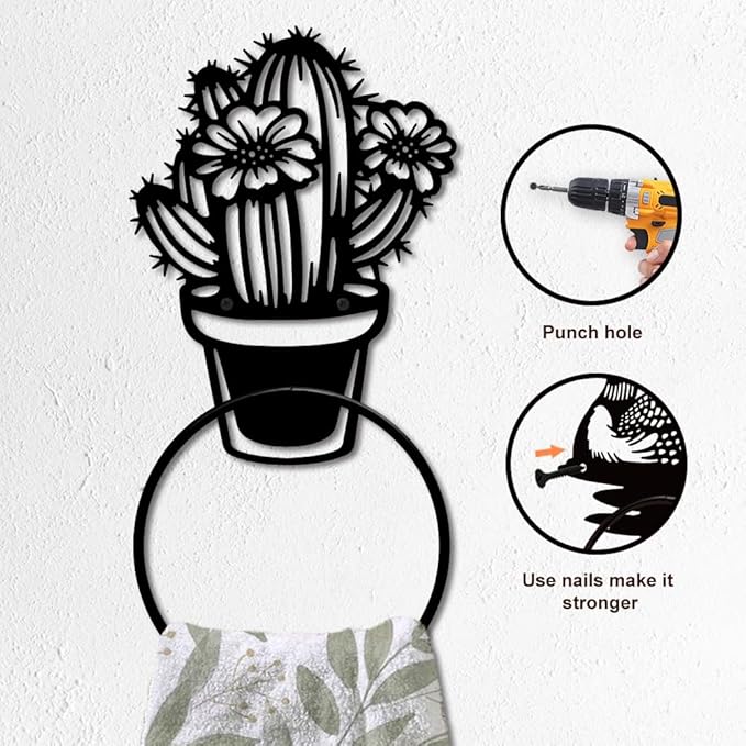 MAYJOYDIY Cactus Metal Towel Ring Cactus Potted Plant Hand Towel Holder Succulent Flowers Towel Ring Black Plant Towel Rack Wall Mounted for Bathroom Kitchen Towel Hanger Home Decors Gift