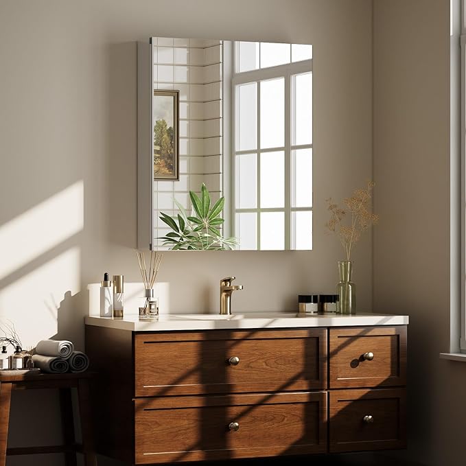 Bathroom Medicine Cabinet with Mirror, 20 Inch x 24 Inch Bathroom Mirror Cabinet with Single Door & Adjustable Shelves, Surface Mount or Recess Installation