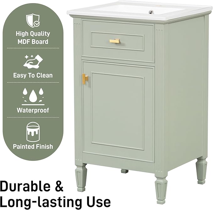 Virubi 20 in Small Bathroom Vanity with Sink,Soft Closing Door,Tilt-Out Drawer and Adjustable Shelf,Solid Wood Frame Modern Single Bathroom Sink Cabinet,Freestanding (Green)