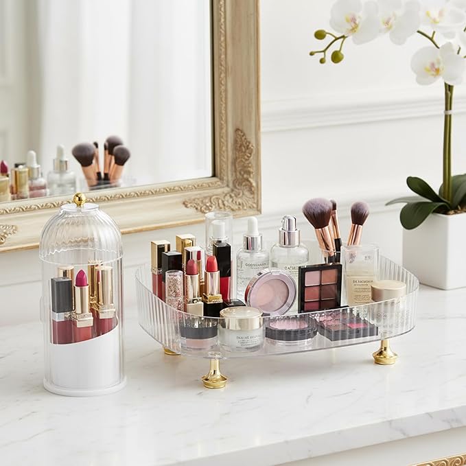 Makeup Organizer 2-Pack, Clear Makeup Brush Holder with Lid + Rotating Tray, Countertop Use, Cosmetic Storage, Make Up Organizers for Counter, Make Up Brush Holder Set for Bathroom Vanity & Dresser
