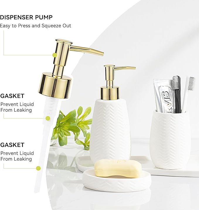 Whiet and Gold Bathroom Accessories Set, 3pcs Ceramic Farmhouse Decor, Complete countertop Bathroom Decor with soap Dispenser，Toothbrush Holder and soap Dish for Stylish Bathroom Organization