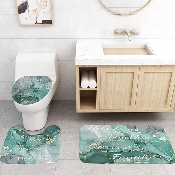 juwute 4Pcs Family Marble Shower Curtain Sets with Rugs,Green Home Inspirational Bathroom Decor Set, Bathroom Sets with Shower Curtain and Rugs, Waterproof Bathroom Shower Curtains, with 12 Hooks
