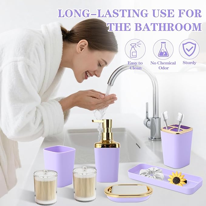 XLHOMO Purple Bathroom Accessories, Bathroom Sets with Stripe Shower Curtain, Purple and Gold Bathroom Accessories Set with Trash Can, Soap Dispenser, Soap Dish, Qtip Holders for Bathroom