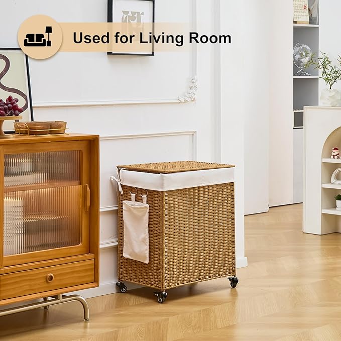 Handwoven Hamper with Lid, Laundry Basket with Wheels, Machine Washable Liner, 2 Section Clothes Hamper for Bathroom Laundry Room Bedroom, Rattan, 125L