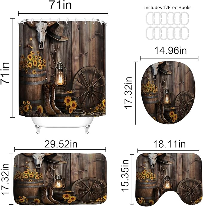 4Pcs Brown Cowboy Shower Curtain Rustic Theme Western Bathroom Set with Non-Slip Rugs, Rustic Farmhouse Shower Curtain with Sunflower and Barn Design, Washable Fabric, 12 Plastic Hooks
