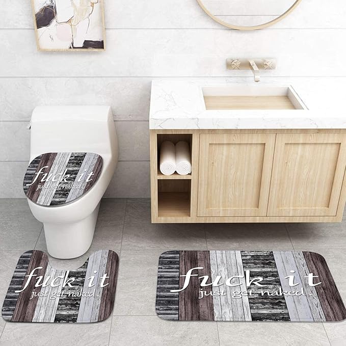 ArtSocket 4PC Funny Get Naked Farmhouse Rustic Grey Brown Striped Shower Curtain Sets Bathroom Decor with Rugs, Non-Slip Rug,Toilet Lid Cover, Bath Mat and 12 Hooks 72x72 inches