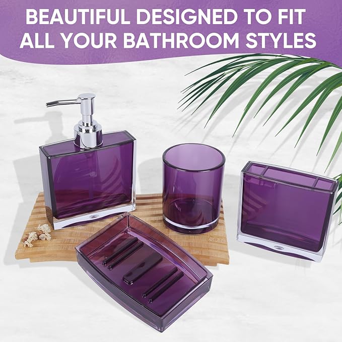 4-Piece Classic Purple Acrylic Bathroom Accessory Set — Soap Dispenser, Toothbrush Holder, Soap Dish & Mouthwash Cup, Vanity Countertop Organizer for Purple Bathroom Decor