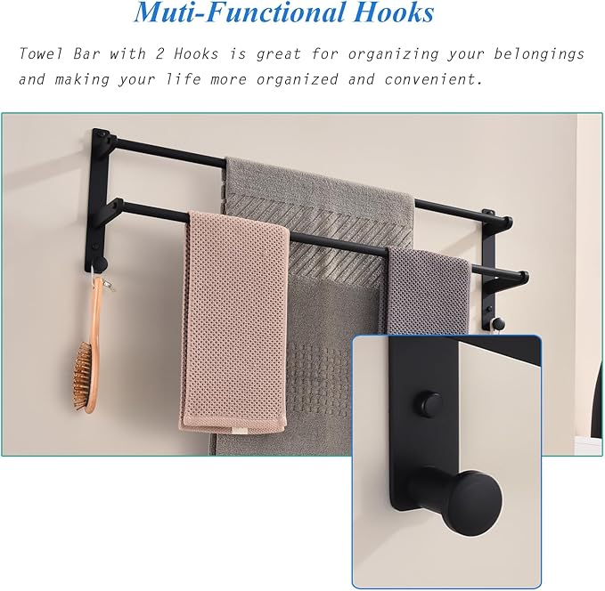 Matte Black Double Towel Rack with Hooks for Bathroom, 30 Inch Stainless Steel Long Towel Bar - Wall Mounted Towel Rails Holder