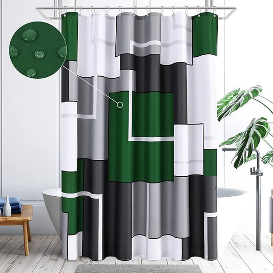 Green Shower Curtains for Bathroom Grey Shower Curtain Set with Hooks Geometric Linen Fabric Green and White Bath Curtains Decorative Water Repellent, 72x72