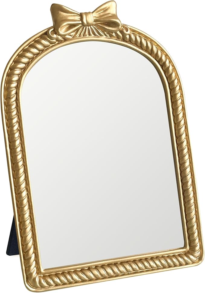 Gold Bow Resin Frame Mirror, Dual-Use Tabletop & Wall Mounted Vanity Mirror for Bedroom Living Room Decor