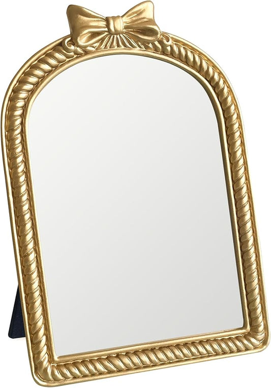 Gold Bow Resin Frame Mirror, Dual-Use Tabletop & Wall Mounted Vanity Mirror for Bedroom Living Room Decor