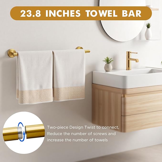 Gold Bathroom Accessories, 24” Towel Bar, Towel Ring Holder, Toilet Paper Holder and 3 Towel Hooks, Bathroom Hardware Set Wall Mounted
