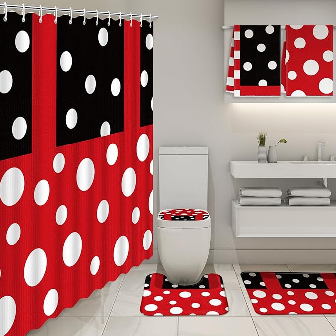 Nuanchu 6 Pcs Red Black Polka Dot Shower Curtain Set with Rug Polka Dot Bathroom Sets with Shower Curtain Bath Mat U Shaped Mat Toilet Lid Cover 2 Bath Towels and 12 Hooks Bathroom Decor