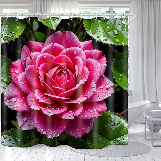 Bright Fabric Shower Curtains, Pink Flower Theme Design Art Shower Curtains, Bathroom Decor Set, 12 Shower Curtain Hooks (72 "Wx72 L) Inch Waterproof Shower Curtain.