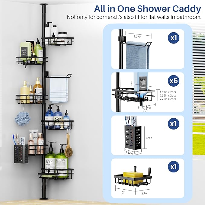 Corner Shower Caddy Organizer Tension Pole, Adjustable 6 Shower Shelves Corner Shelf 30-120Inch Rustproof Shower Rack for Inside Shower, Extra Towel Bar Soap Dish Bathroom Organizers and Storage Black