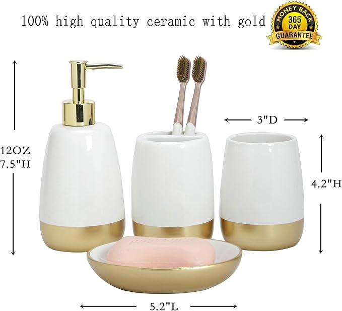 Elegant White with Gold Bathroom accesory Set 4pc,Toothbrush Holder soap Dispenser soap Dish Tumbler Cup for Bathroom Decor Morden Style (White 2)