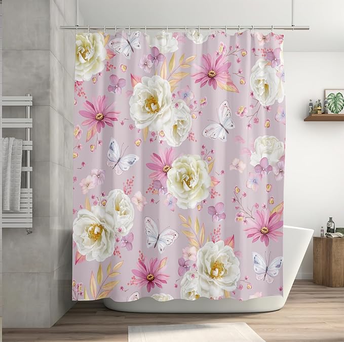 Pink Floral Shower Curtains, Watercolor White Roses Pink Pyrethrum Flower and Butterflies Shower Curtains, Waterproof Fabric Spring Floral Pattern Bathroom Shower Curtain, 72 x 72 Inch
