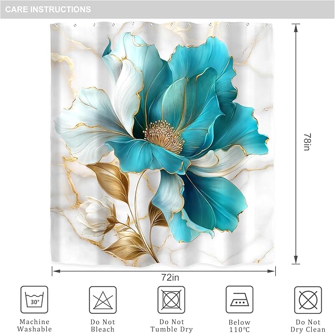 Riyidecor Teal Gold Marble Floral Shower Curtain for Bathroom Decor 72Wx78H Abstract Turquoise Golden Ombre Flower Luxury Modern Simple Art Printed Fabric Polyester Waterproof 12 Pack Plastic Hooks