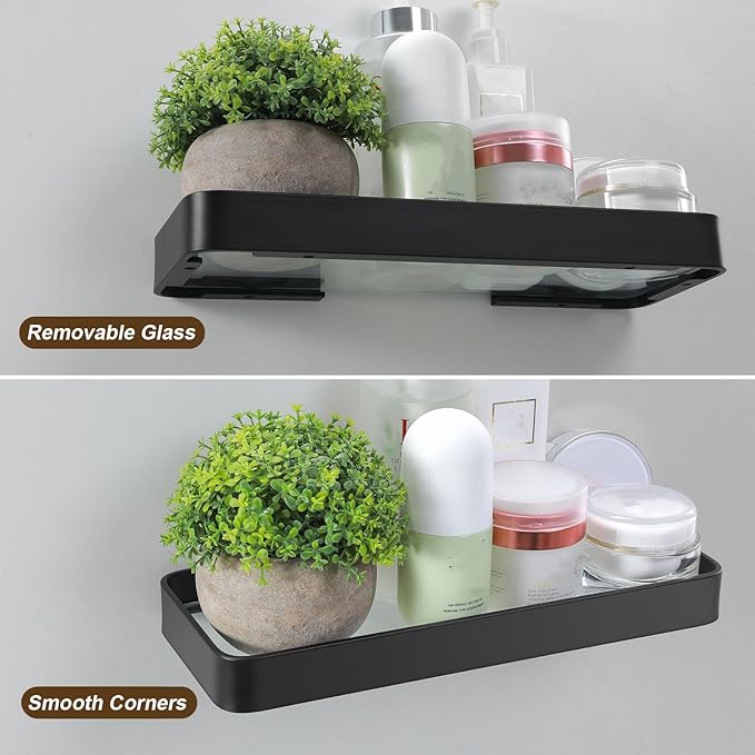 Z metnal Tempered Glass Bathroom Shelves, Matte Black Floating Shelf for Wall, Wall Shelf for Bathroom Organizer, Aluminum Frame, Wall Mounted (Clear Glass, 9.8 inch/25cm)