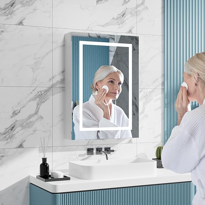 20" x 28" Bathroom Medicine Cabinet with Mirror,Medicine Cabinets with Large Storage,Single Door LED Bathroom Wall Cabinet with Shelves,Dimmer and Anti-Fog