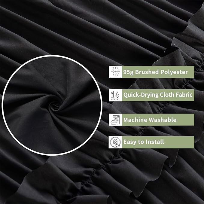 Farmhouse Ruffle Shower Curtain with Handmade Ruched, Vintage Ruffled Fabric Bathroom Curtains, Decorative Elegant Bathroom Curtain with 12 Holes, Black, 72" W x 72" H(N60049)