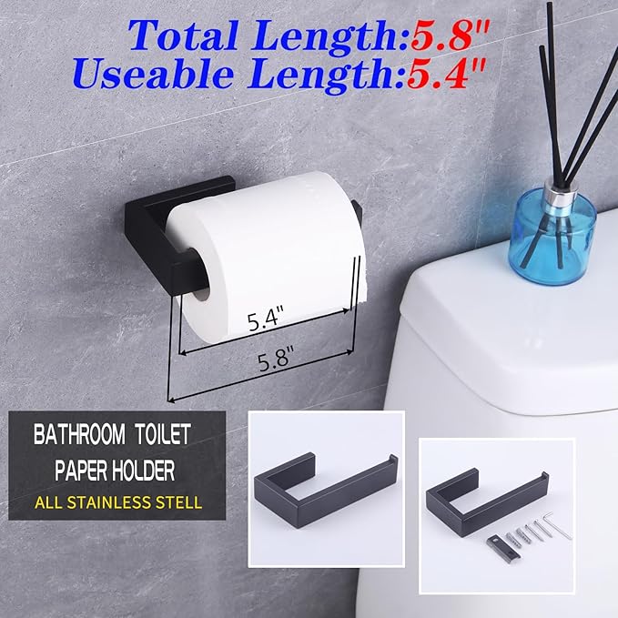 GERZWY Bathroom Accessory 3-Piece Set SUS 304 Stainless Steel Toilet Paper Holder Towel Ring Towel Hooks Wall Mount, Matte Black HG1708-3BK