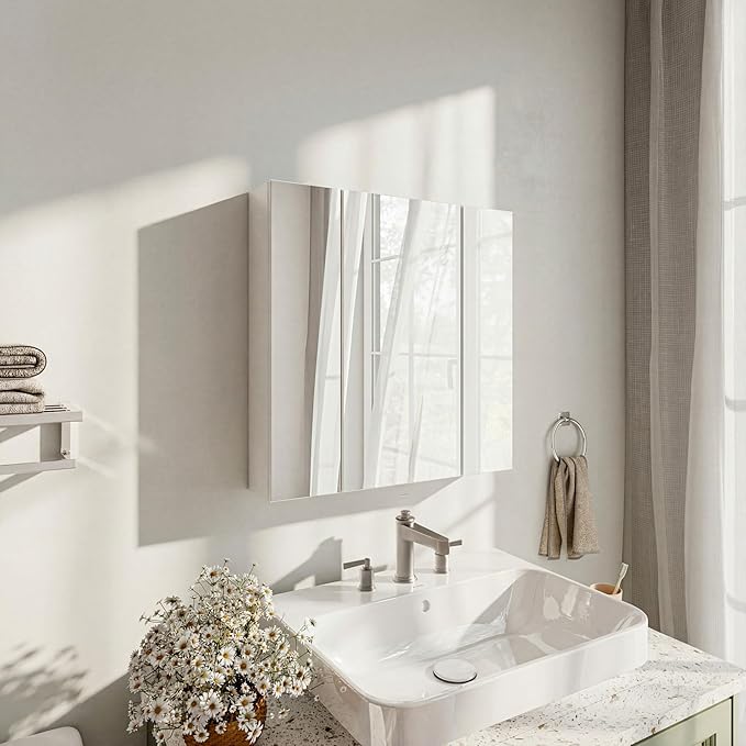 Panana Bathroom Mirror Cabinet Medicine Cabinets with 3 Mirrored Door Wall Mounted Cabinet with Mirror, Storage Shelf with Adjustable Shelves Storage Organizer Kitchen Cupboard (White, 23.6x23.6 inch)