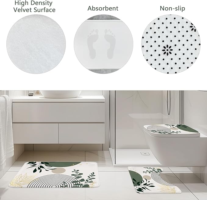 Riyidecor Boho Sage Green 4Pcs Shower Curtain Set with Toilet Lid Cover and Non-Slip Rugs, Mid Century Modern Minimalist Bathroom Decor Set，Abstract Contour and Bath Mat with 12 Hooks