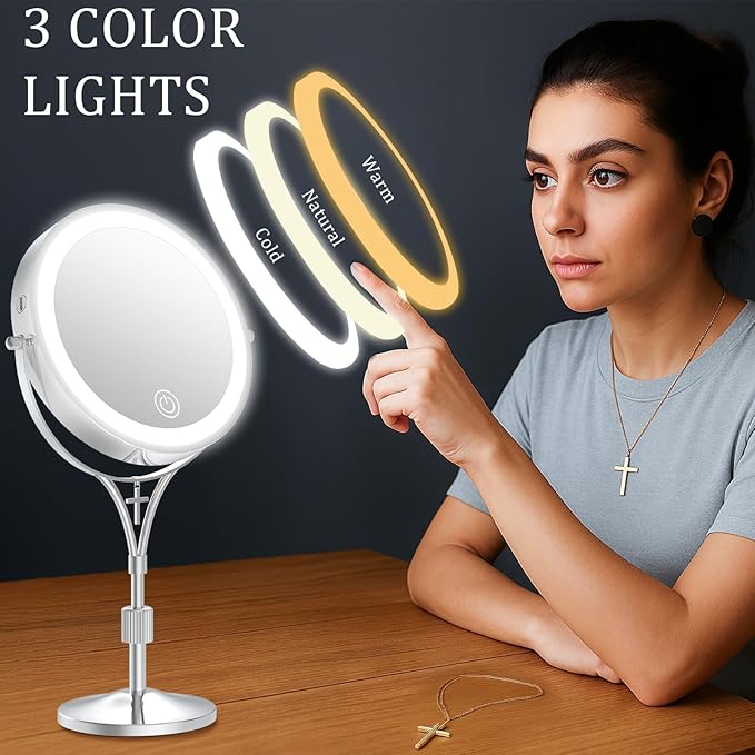 1x/10x Magnifying Mirror with 3 Color Lights and Cross Dangle Charm, 7" Lighted Makeup Mirror with Magnification, Height Adjustable Vanity Mirror, Birthday Christian Gifts for Women, Chrome