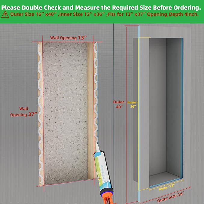 Tile Ready Shower Niche,36"x12" Inner Size,40”x16” Outer Size,Niche for Shower Wall,Waterproof and Ready-to-Tile Recessed Showers Shelf Niches Box for Bathroom Remodel/Storage/Organization,Depth 4”