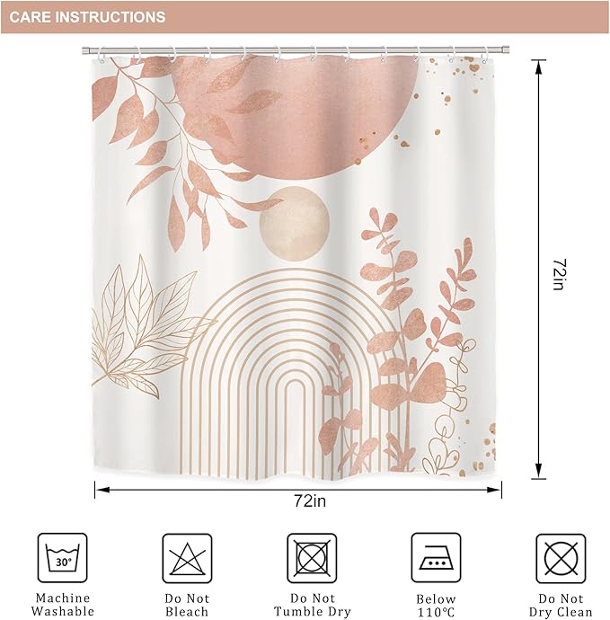 Riyidecor Boho Pink Gold 4Pcs Bathroom Shower Curtain Sets Mid Century Modern Minimalist Leaves Bathroom Decor Set with Rugs and Accessories Abstract Toilet Lid Rug, Contour and Bath Mat with 12 Hooks