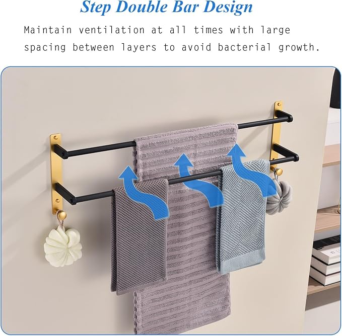 Double Towel Bar with Hooks, 30 Inch Long Towel Hanger - Stainless Steel Bathroom Towel Rack Wall Mounted, Black & Gold