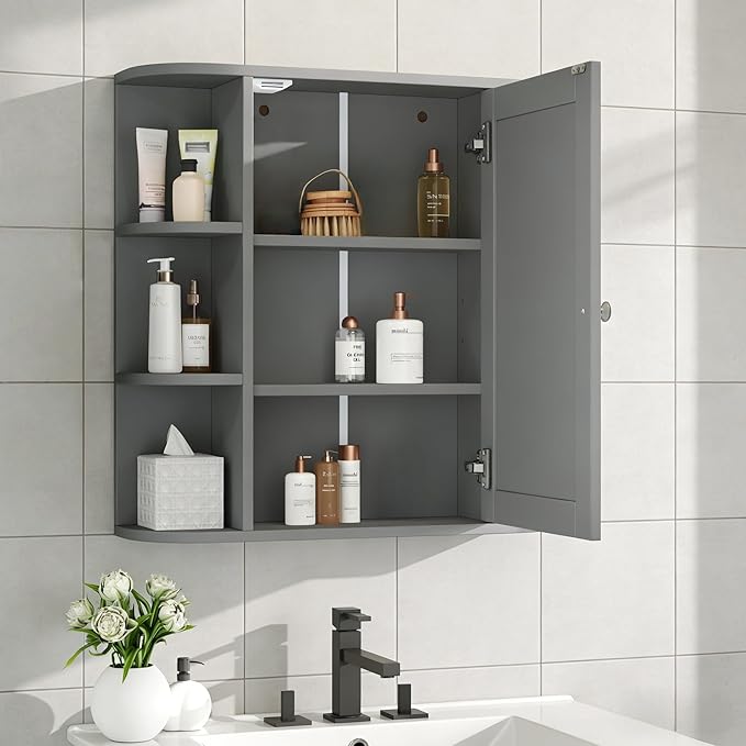Merax Bathroom Wall Storage Cabinet with Mirror, 26 Inch Medicine Cabinet with Mirror Doors & Adjustable Wood Shelf, Space-Saving Modern Mounted Storage Cabinets with 6 Open Shelves, Gray