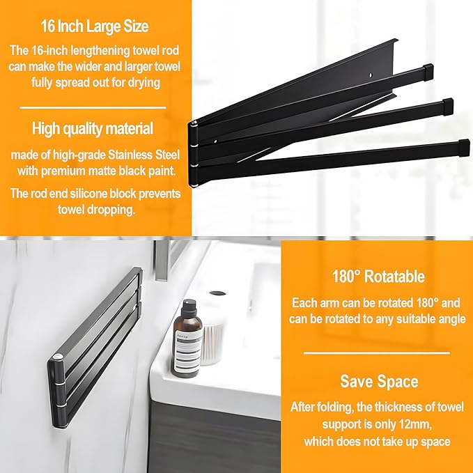 Swivel Towel Rack, 16 inch Extra Long Thickened Stainless Steel 3-Arm Towel Bar, Space Saving Wall Mounted Towel Holder, Rustproof Swing Out Towel Hanger for Bathroom, Kitchen (Matte Black)