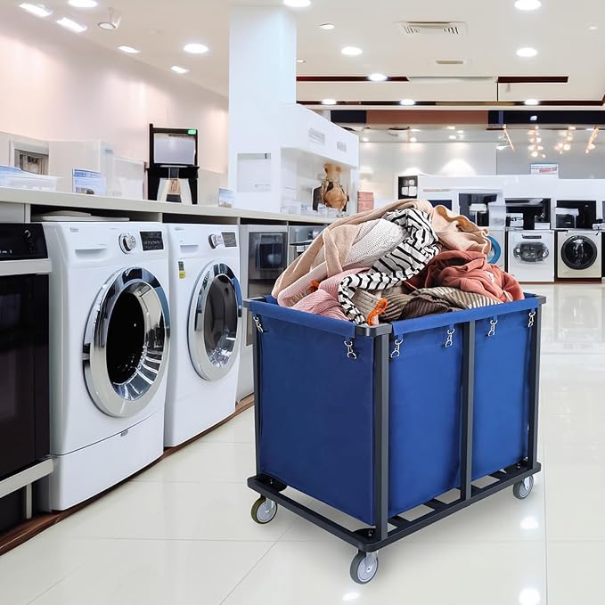 Commercial Laundry Cart with Wheels,600 lbs Industrial Laundry Cart with Steel Frame and Oxford Cloth Bag,Rolling Heavy Duty Laundry Cart with Wheels for Hotel,Housekeeping,400L(Blue)