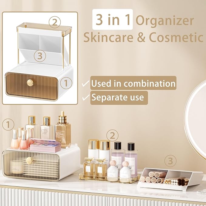 Makeup Organizer with Drawer for Vanity, 2 Tier 5 Zones Cosmetic Display Case Detachable, Cosmetic Storage Perfume Shelf for Bathroom Counter, Perfect Storage Solution for Your Beauty Essential(Amber)